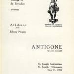 Program cover for a 1952 College of St. Benedict production of "Antigone" by Jean Anouilh. Features an illustration of a figure in a toga and text details of the play's presentation date and location in St. Joseph, Minnesota.