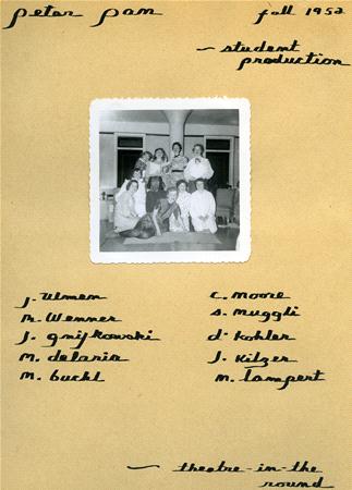 A vintage black-and-white photo of a theater group. The image is surrounded by handwritten names and notes indicating it is a student production of "Peter Pan" from Fall 1952, performed "theatre-in-the-round." Names of cast members are listed.