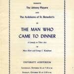 Vintage theater program for "The Man Who Came to Dinner" presented by St. John's University, featuring The Johnny Players and The Ardeleons of St. Benedict's. Performed at the University Auditorium on October 25 and 26, 1952.