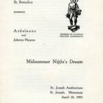 Flyer for a production of "Midsummer Night's Dream" by the College of St. Benedict, featuring Ardeleons and Johnny Players. Includes a logo of the Catholic Theatre Conference. Event on April 25, 1953, at St. Joseph Auditorium, Minnesota.