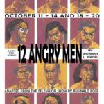 Poster for a theater production of "12 Angry Men" by Sherman L. Sergel at the College of Saint Benedict/Saint John's University. Features illustrated faces of various men expressing anger. Show dates: October 11-14 and 18-20.