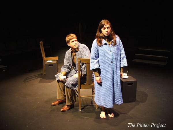 A man and a woman on a dimly lit stage. The man is seated in a wooden chair wearing a bathrobe, holding a mug. The woman stands barefoot in a blue robe, looking forward. Two chairs and small tables are arranged around them. Text reads "The Pinter Project.