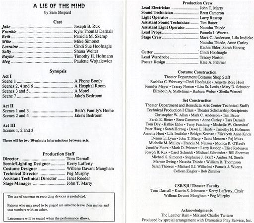 A theater program for "A Lie of the Mind" by Sam Shepard. It includes cast and crew lists, a synopsis, production details, costume staff, and acknowledgments.