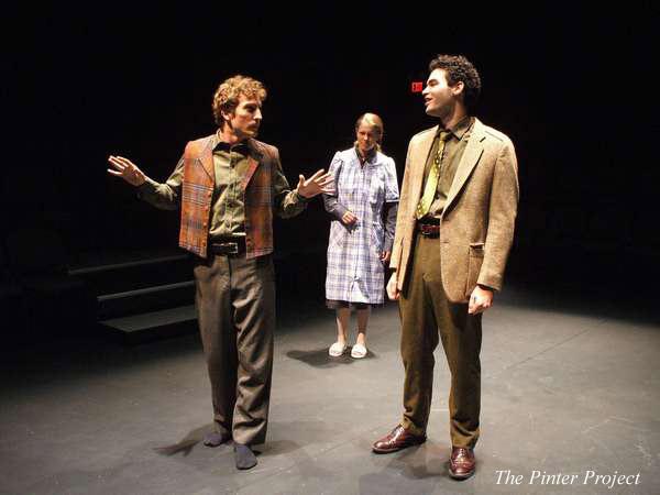 Three actors perform on stage; one in a plaid vest gestures expressively, a woman in a checkered dress stands slightly behind, and a man in a brown suit listens intently. The stage is dimly lit, with "The Pinter Project" text visible.