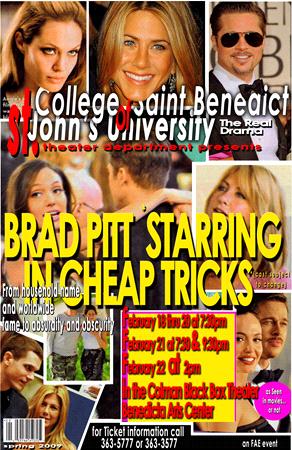 Poster for a theatrical performance featuring a collage of images, mainly close-ups of a smiling man and woman. Bright text reads "Starring in Cheap Tricks" with performance dates in February. Includes logos for College of Saint Benedict and Saint John's University.