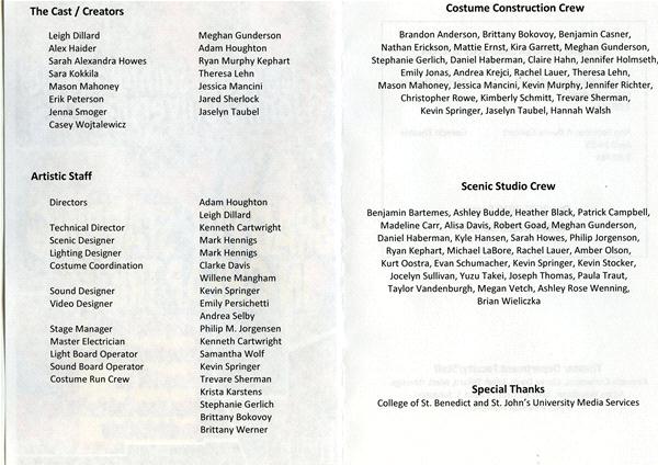 Text list detailing the cast, creators, artistic staff, costume construction crew, scenic studio crew, and special thanks for a production. Names are categorized under each section, with various roles such as directors, designers, and crew members.