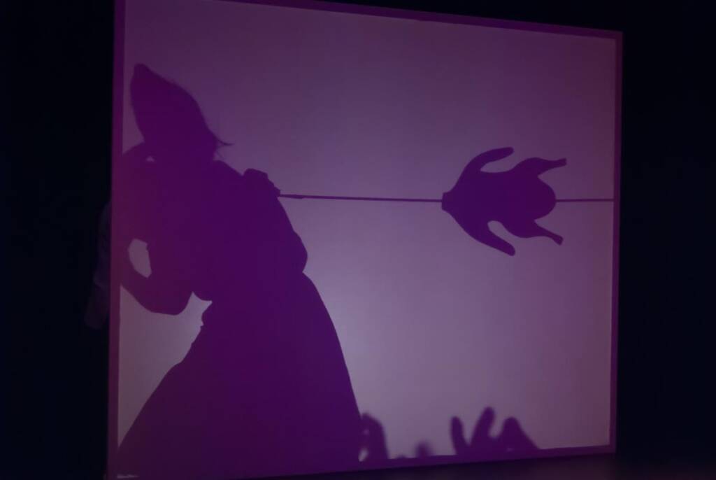 A shadow silhouette of a person pulling or holding a string with a large hand shape at the end is visible on a purple screen. The background is dark, emphasizing the shadow's form and the stage setting.