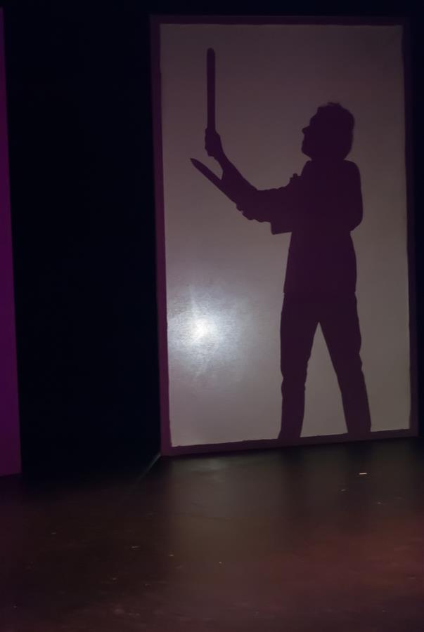 Silhouette of a person juggling two clubs in front of a large white panel, with a dark background.