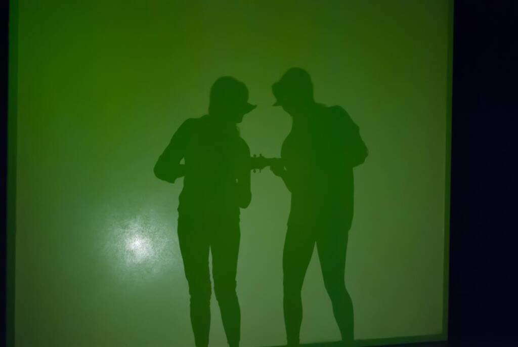 Silhouettes of two people wearing hats standing against a green backdrop, with one holding an instrument, possibly a guitar.