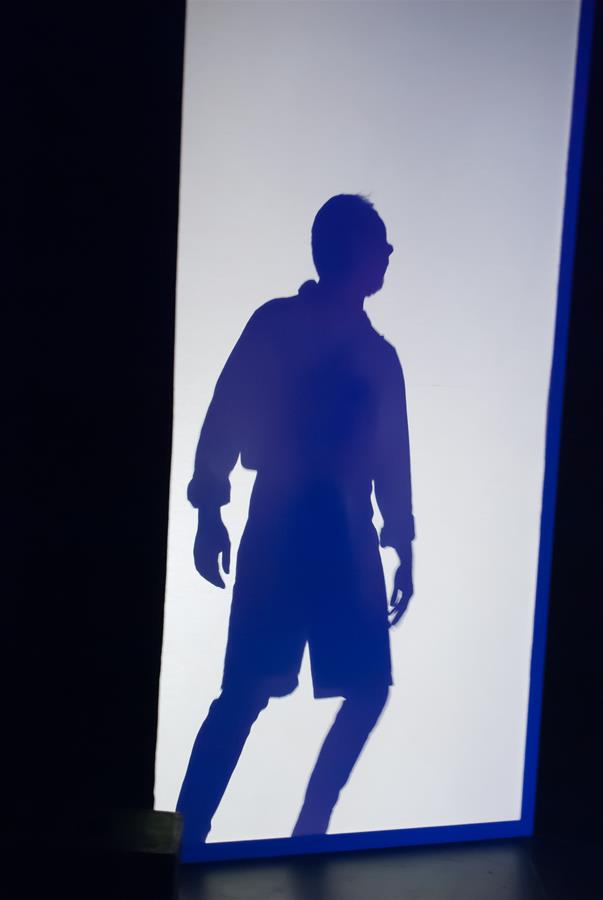 Shadow silhouette of a person standing in front of a bright, rectangular light source. The figure is posed with one foot forward and arms slightly bent, creating a dramatic contrast against the illuminated background.