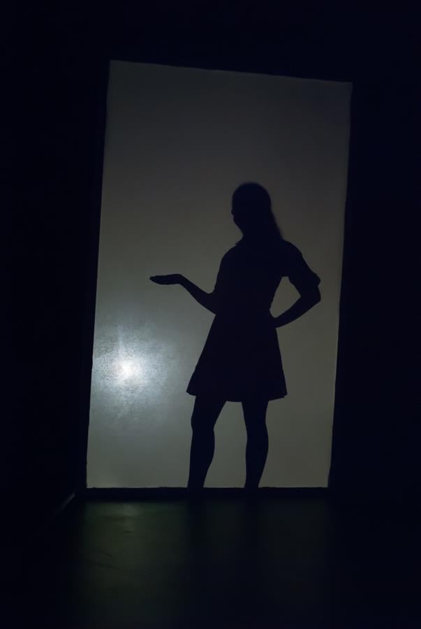 Silhouette of a person standing in a doorway against a softly illuminated background. The person is wearing a dress, with one hand on their hip and the other raised, as if gesturing or presenting something.