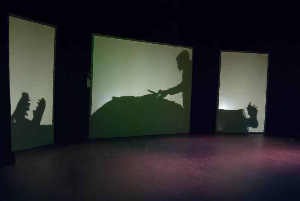 The image shows a dark stage with three shadow screens. Left screen: shadow of a dinosaur head. Center screen: person with a sword drawn over a large shape. Right screen: shadow of a smaller dinosaur. The scene has a mysterious, theatrical atmosphere.