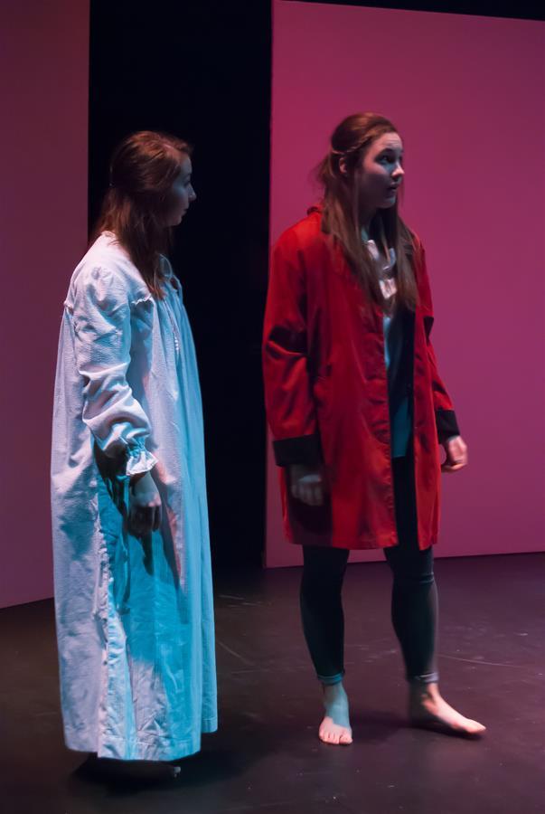 Two people stand on a stage. One wears a long white dress, and the other wears a red coat over dark pants, barefoot. The background is a simple set with a pink hue. Their expressions suggest a dramatic scene.