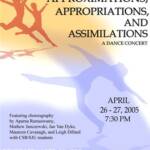 A poster for the dance concert "Approximations, Appropriations, and Assimilations" by CSB/SJU Theater Department. It is scheduled for April 26-27, 2005, at 7:30 PM in Benedicta Arts Center, Forum Theater. Dancers' silhouettes are in the background.