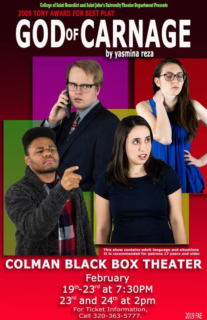 Poster for "God of Carnage" play by Yasmina Reza. Features four actors expressive in various poses. Text details show dates: February 19th-23rd at 7:30 PM, February 23rd and 24th at 2 PM, at Colman Black Box Theater. Contains adult language.