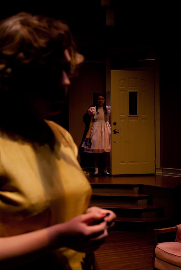 A person in a yellow outfit stands in the foreground, blurred and in shadow. In the background, another person in a pink dress stands by an open door, holding a book and looking into the room. The setting appears to be indoors.