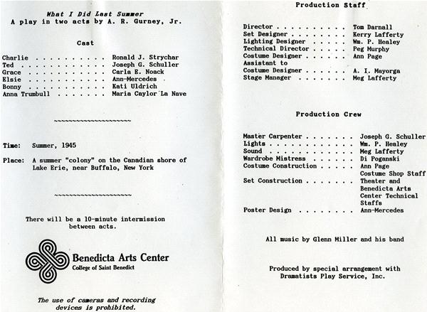 A theater program for "What I Did Last Summer," a play by A.R. Gurney Jr., held at the Benedicta Arts Center. It lists the cast, production staff, and production crew for a summer 1945 setting on the Canadian shore of Lake Erie.