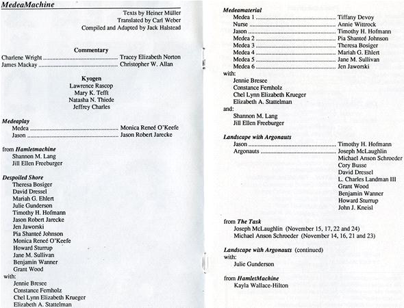 A two-page program listing cast and crew for a production titled "MedeaMachine." It includes sections for different acts and roles, with names of performers and staff. Text is organized in columns under headings like "Medeamaterial" and "Despoiled Shore.