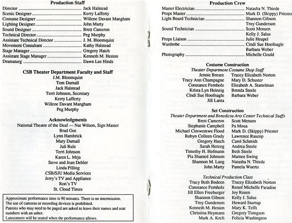 Image of a theater program listing various roles and names. It includes sections for production staff, CSB theater department faculty and staff, acknowledgments, production crew, costume construction, and set construction.