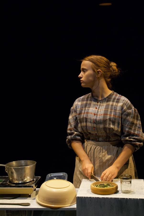 A person with tied-back hair in a plaid shirt stands at a kitchen counter, chopping greens. Nearby are a pot on a portable stove, an upside-down bowl, and a glass. The background is dark, highlighting the person and the kitchen setup.