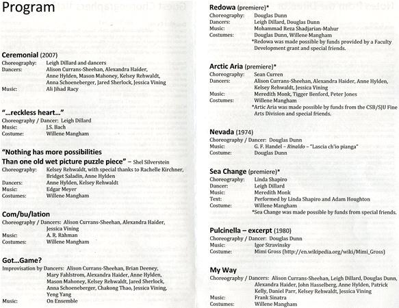 Program page listing performances with titles, directors, choreographers, music, and dancer names. Includes sections for "Ceremonial," "Nothing has more possibilities," "Com/bu/lation," "Got...Game?" and multiple premieres with details for each piece.