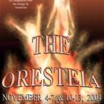 Promotional poster for a play titled "The Oresteia," presented by the College of St. Benedict and Saint John's University, scheduled for November 4-7 and 10-13, 2004, at 7:30 PM at Benedicta Arts Center Forum Theater.