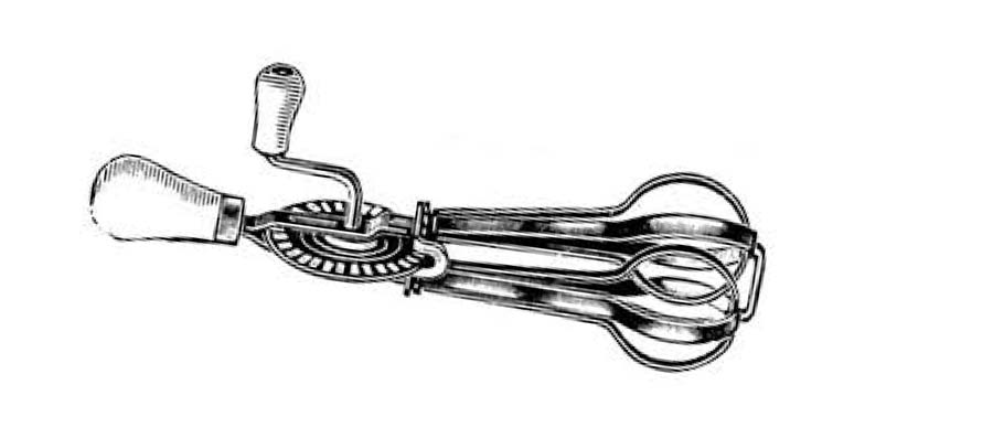 Vintage hand-crank egg beater with dual metal beaters and a wooden handle, shown in a black and white illustration.