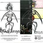 Poster for the play "InTombi Yomoya," featuring abstract, stylized artwork of a figure with outstretched arms. Text includes performance details: March 19-22, 1993, at Benedicta Arts Center Studio Theater. Admission is free.