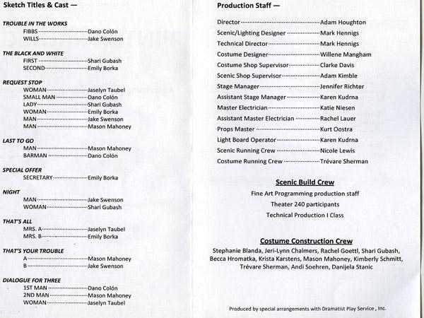 A program page listing sketch titles and cast members on the left, including names like Dano Colón and Jake Swenson. On the right, there's a list of production staff and crew roles such as director, choreographer, and costume designer.