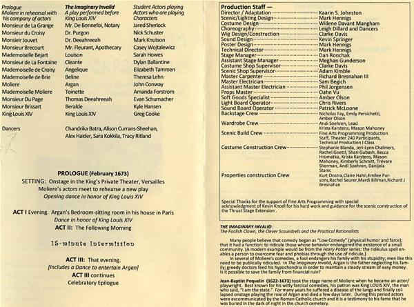 A theater program detailing the cast and crew for a play. It includes a list of actors, their roles, the setting, production staff, and a brief note about the play "The Imaginary Invalid." The program is printed on cream-colored paper.