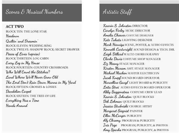 A program page showing "Scenes & Musical Numbers" and "Artistic Staff." Act Two features songs like "HeeHaw" and "Chess Skit." The staff includes roles like director, choreographer, and stage manager, listing various names for each role.