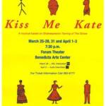 Yellow poster for "Kiss Me Kate," a feminist take on "Taming of the Shrew." Features musical notes, lips, and cartoon figures. Show dates: March 25-28, 31, and April 1-3 at 7:30 p.m. at Forum Theater. Contact: 363-5777 for ticket info.