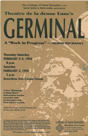 Poster for "Germinal" premiere by Theatre de la Jeune Lune, February 3-5, 1994, at Benedicta Arts Center Forum. Includes performance times and ticket prices. Features a sepia-toned design with an abstract background and college logos.