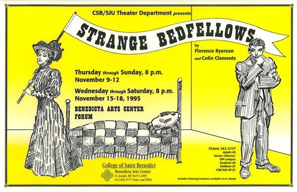 A yellow poster for the play "Strange Bedfellows" by Florence Ryerson and Colin Clements. It features illustrations of a man and woman holding pillows. Details include show dates in November 1995 at Benedicta Arts Center and ticket information.