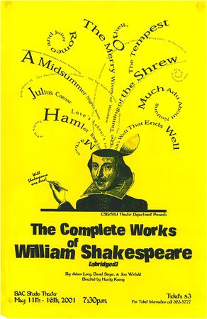 Yellow poster with a stylized image of William Shakespeare. Play titles like "Romeo and Juliet," "Hamlet," and "The Tempest" spiral around. Text reads "The Complete Works of William Shakespeare (Abridged)" with performance details and ticket information.