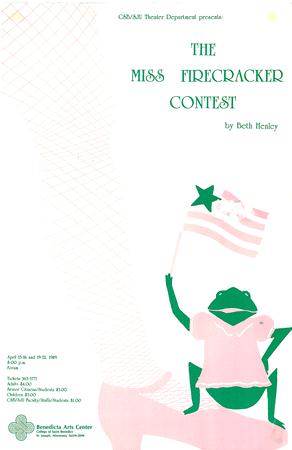 A playful theater poster for "The Miss Firecracker Contest" by Beth Henley. It features an illustration of a frog in a dress, holding a flag with a star, against a white background with a faint fishnet stocking pattern. Event details are listed below.