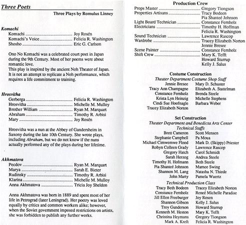 A program page listing three plays by Romulus Linney: "Komachi," "Hrosvitha," and "Akhmatova." It includes cast lists for each play, and production and costume construction crew members, with names organized under each play and department.