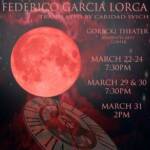 Poster for the theater play "As Five Years Pass" by Federico García Lorca, translated by Caridad Svich. It features a large red moon and a clock face. Performance dates: March 22-24, 29-30 at 7:30 PM, March 31 at 2 PM at Gorecki Theater.