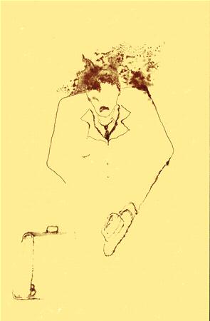 Minimalist drawing of a person in a suit with a splattered ink head, holding a hat and a briefcase. The background is a solid yellow.