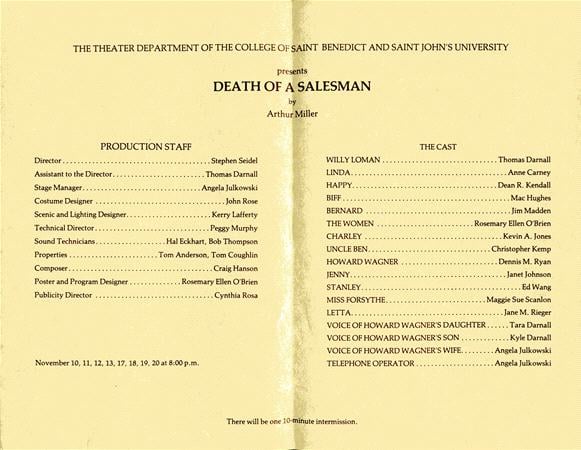 Yellow theater program for "Death of a Salesman" by Arthur Miller, listing the production staff and cast members with their roles. Show dates are November 10-20, 19XX, at The College of Saint Benedict and Saint John's University.