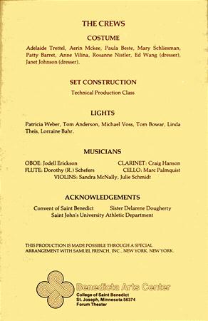 Yellow program page with text listing names under headings: The Crews (Costume, Set Construction, Lights), Musicians (Oboe, Flute, Violins, Clarinet, Cello), and Acknowledgements. Mentions Benedicta Arts Center and production details below.