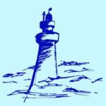 A blue sketch of a lighthouse stands amidst stylized waves on a light blue background. The lighthouse features a simple tower with a small structure on top, suggesting a beacon, surrounded by abstract wave patterns.