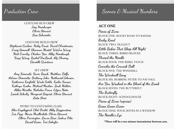 A two-column list details the production crew and act one scenes with musical numbers of a play. The left column lists crew roles and names, while the right column outlines scenes and associated musical numbers. A note mentions a ten-minute intermission.