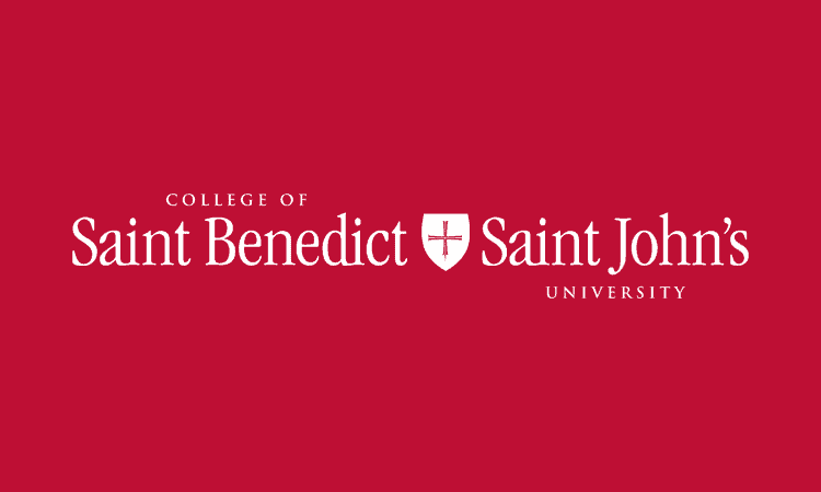 A red background features the text "College of Saint Benedict Saint John's University" with a small crest in between the names that includes a cross within a shield. The text is white and centrally aligned.