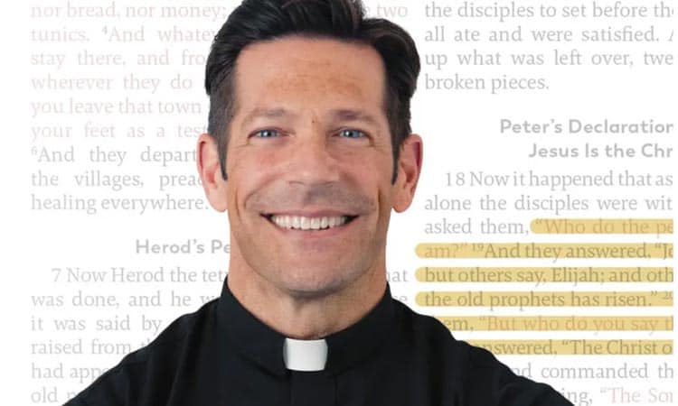 A smiling man wearing a black clergy shirt with a white clerical collar. Behind him, there is a page from the Bible with words highlighted in yellow. The highlighted passage is from Peter's declaration about Jesus being the Christ.