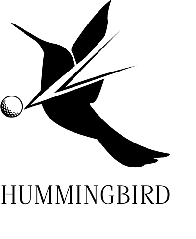 Black and white logo featuring a stylized hummingbird with a golf ball near its beak. The word "HUMMINGBIRD" is written in bold letters beneath the image. The bird's wings and body are depicted with sharp, angular lines.