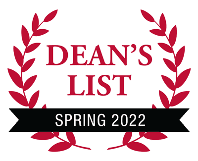 An image featuring a "Dean's List Spring 2022" graphic. The text is in red and black with two red laurel branches encircling the words "Dean's List" at the top, and a black ribbon with "Spring 2022" written in white beneath it.