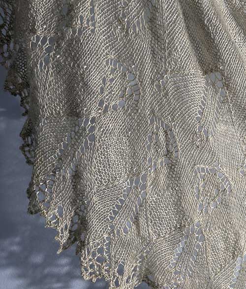 A close-up image of a finely knitted fabric showcasing a detailed lace pattern. The light-colored fabric features intricate floral designs and delicate edges, creating an elegant and textured appearance. The lighting casts subtle shadows enhancing the fabric's texture.