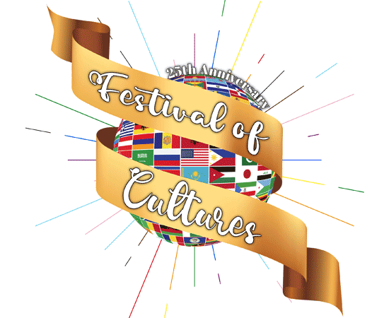 A golden ribbon with the text "25th Anniversary Festival of Cultures" wraps around a globe decorated with various international flags. Colorful rays emanate from the globe, adding a festive and vibrant touch to the image.