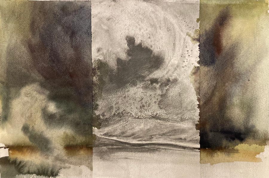 Abstract watercolor painting with dark, swirling shades of black, gray, and brown, creating a stormy and turbulent atmosphere. The center features a ghostly figure or landscape emerging from the chaos, blending into the surrounding muted colors.